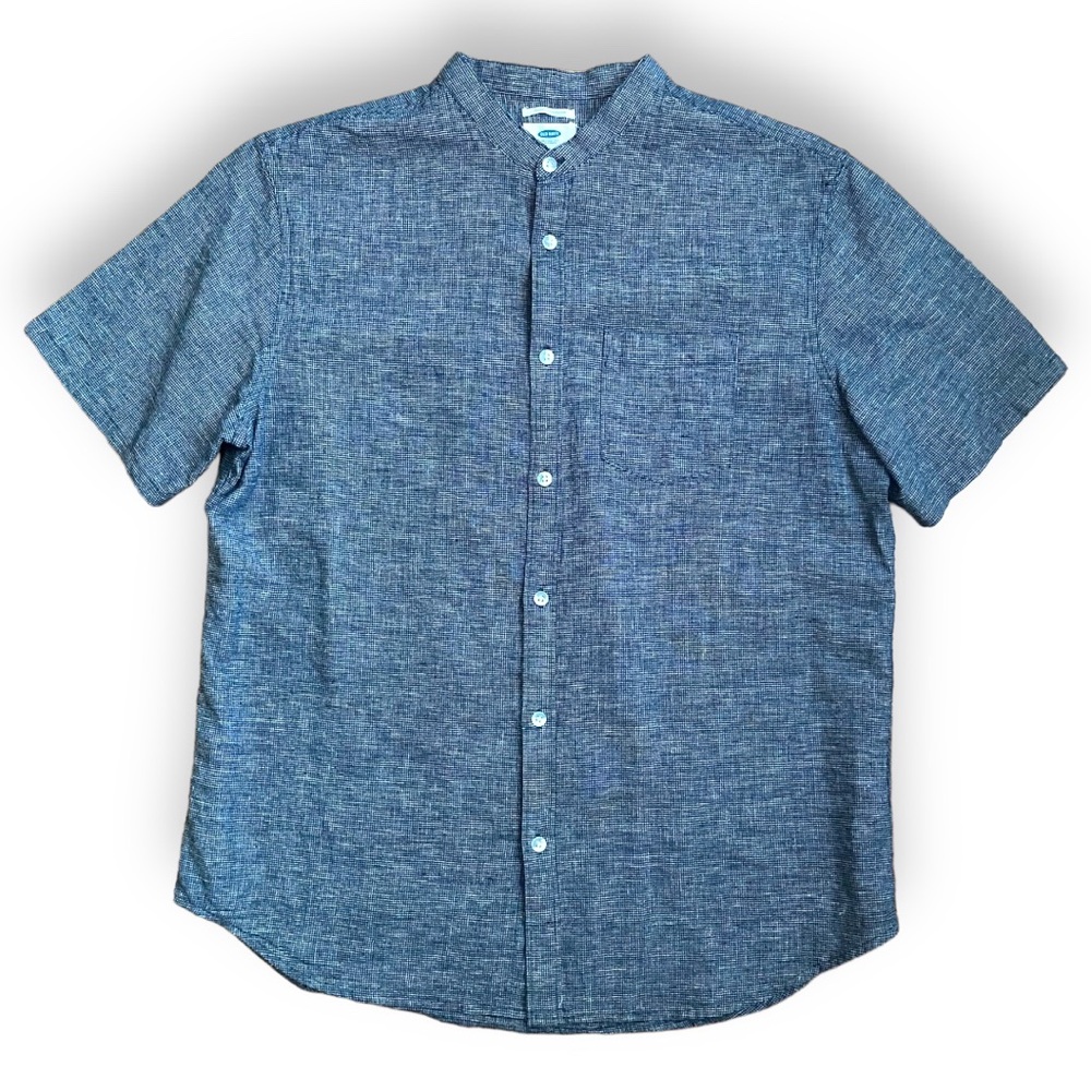 Men’s linen blend collarless banded collar button down shirt blue Slim Fit Large